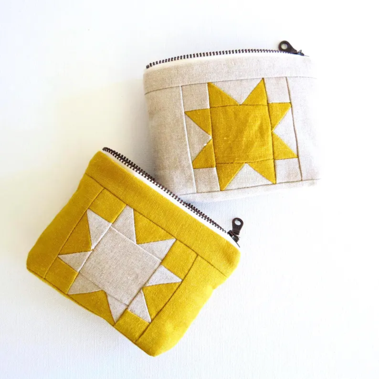 Yellow Sawtooth Star Zipper Pouch • Cream Star