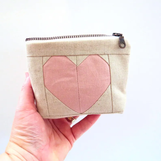 Rose Pink Heart Zipper Pouch • Cream