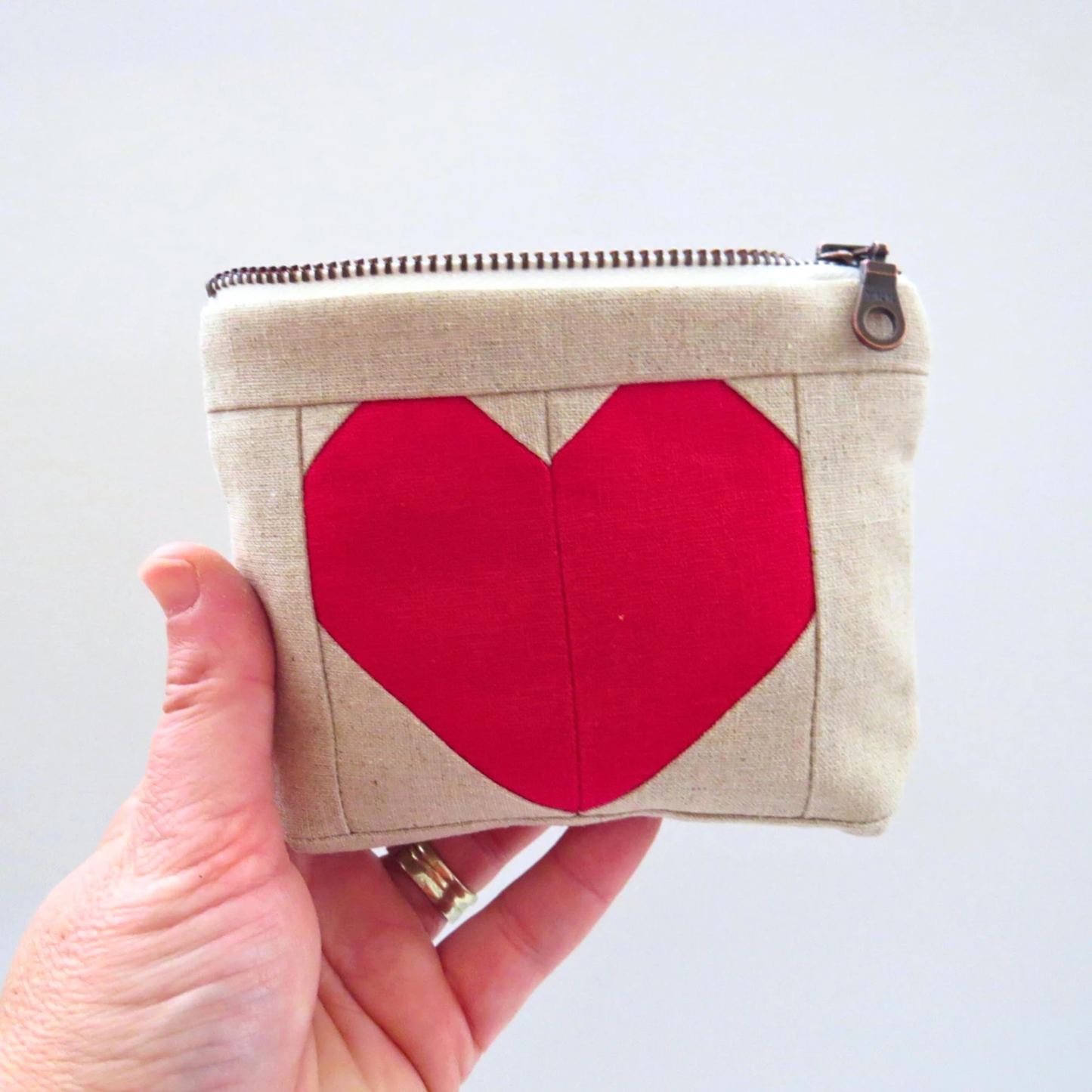 Red Heart Zipper Pouch • Cream