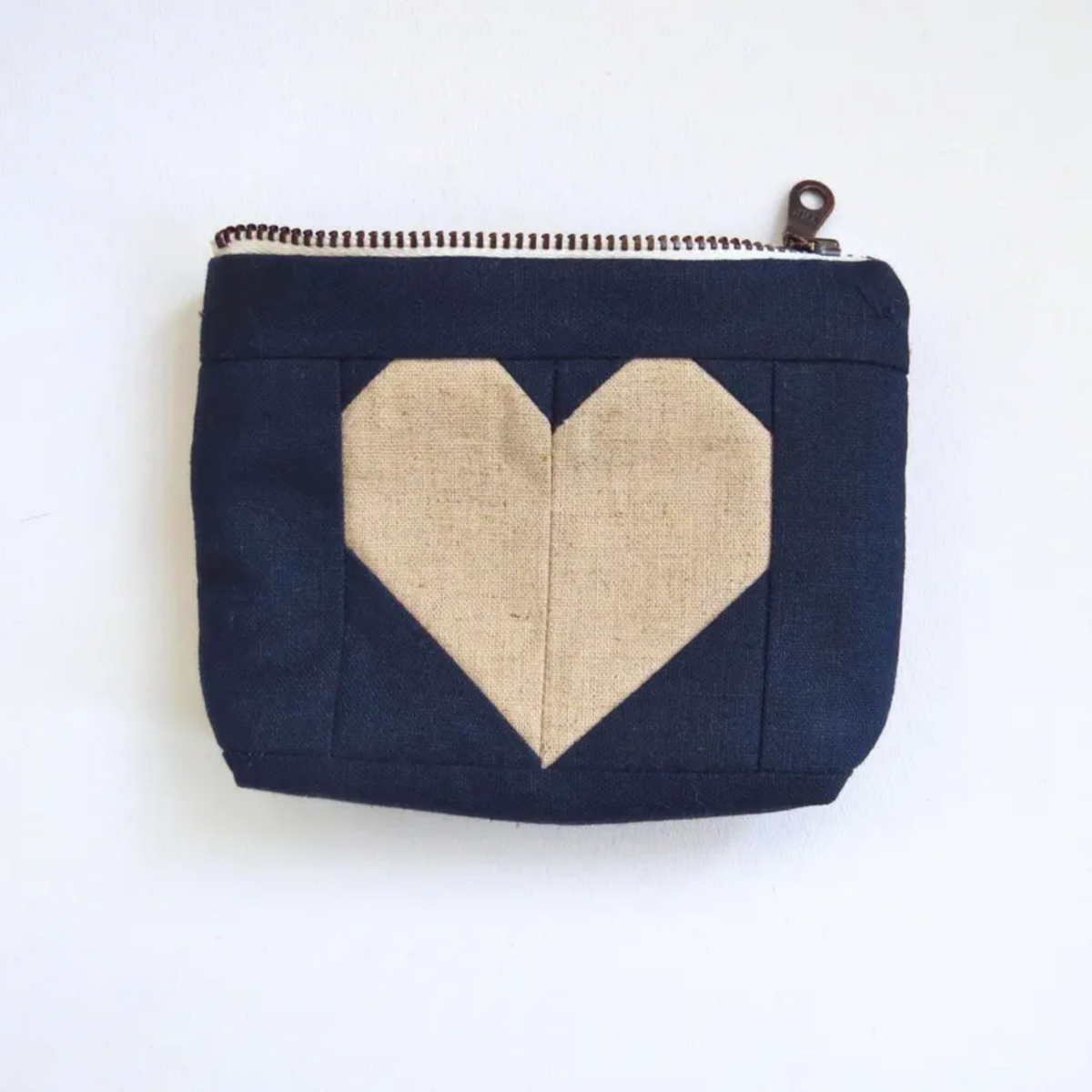 Navy Blue Heart Zipper Pouch • Cream